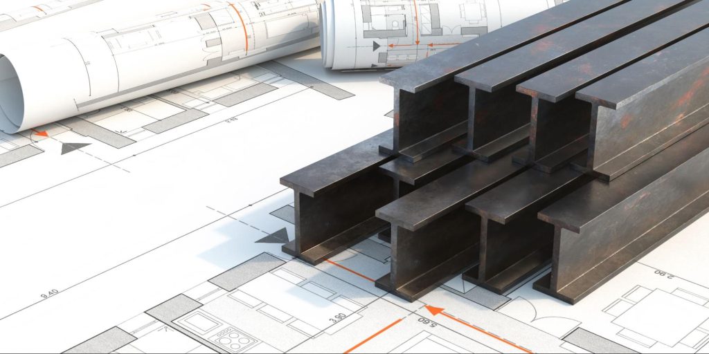 Stalen draagbalken op bouwplannen voor de stabiliteitsberekening van een constructie.